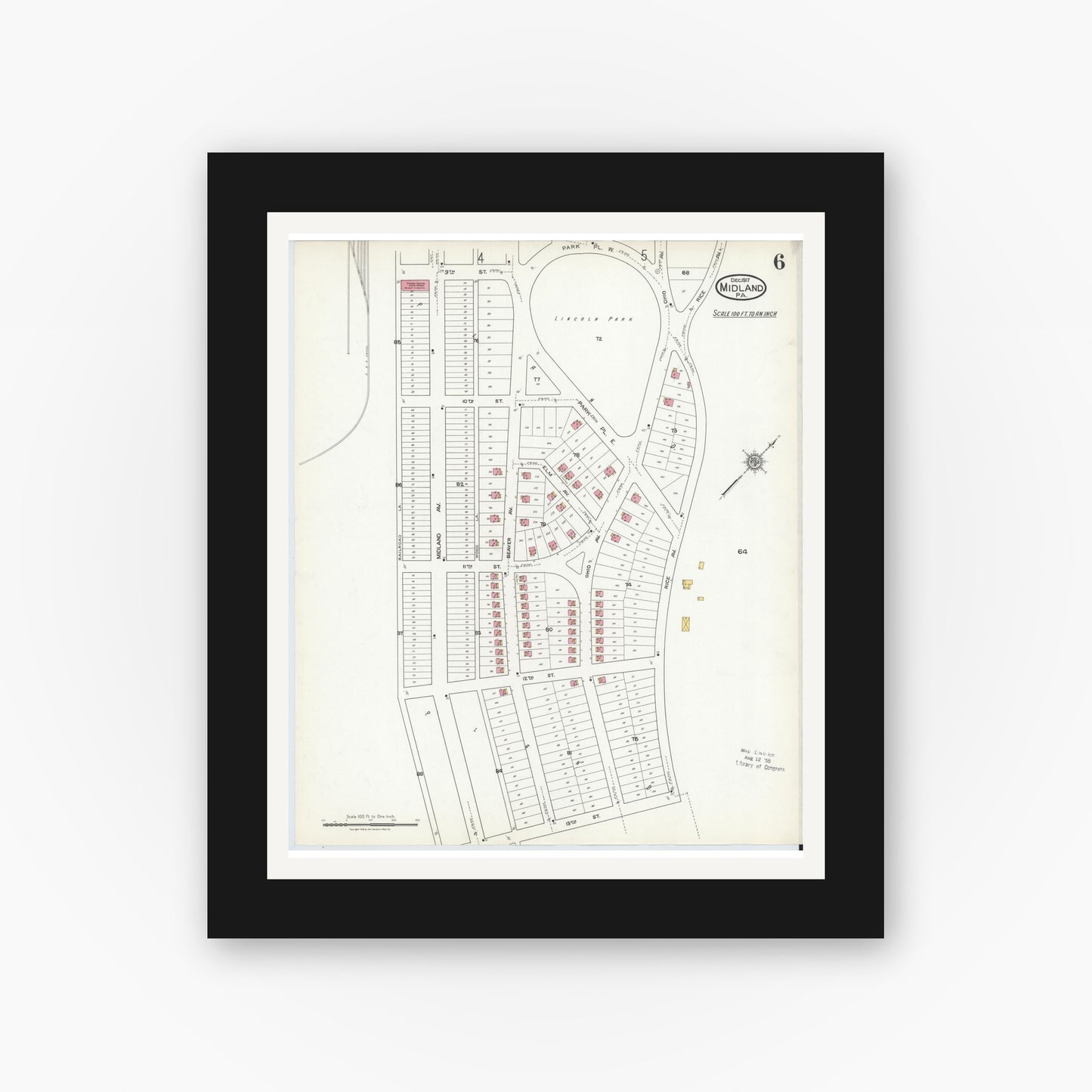 Old map wall art mockup — black gallery frame with white mat — Sanborn Fire Insurance Map from Midland, Beaver County, Pennsylvania (1917), Sheet #0006
