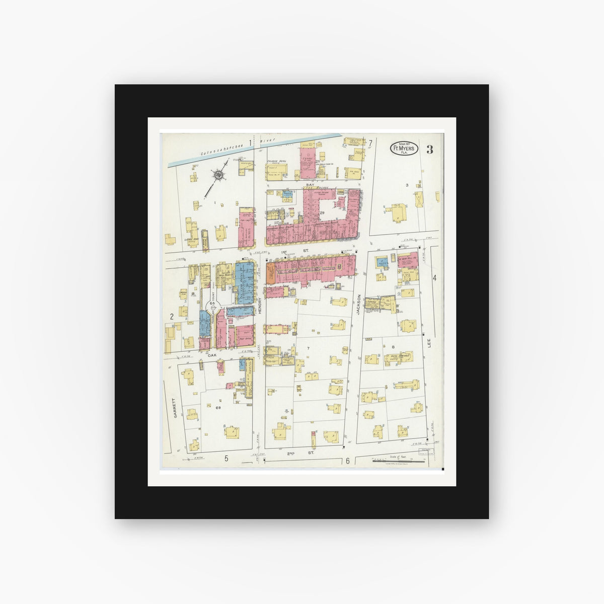 Old map wall art mockup — black gallery frame with white mat — Sanborn Fire Insurance Map from Fort Myers, Lee County, Florida (1917), Sheet #0003