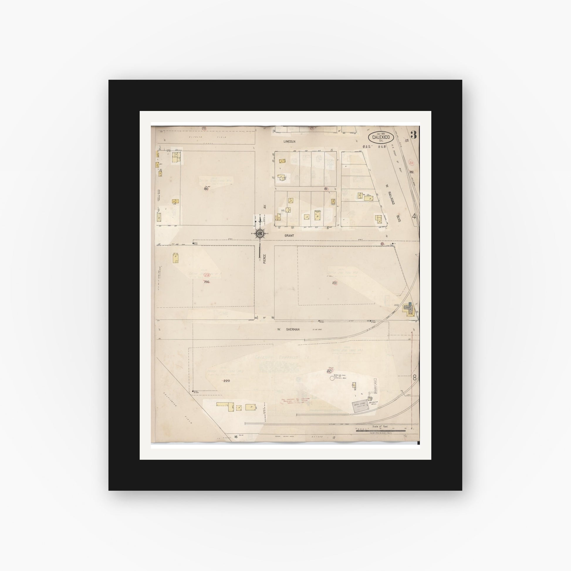 Old map wall art mockup — black gallery frame with white mat — Sanborn Fire Insurance Map from Calexico, Imperial County, California (1949), Sheet #0003
