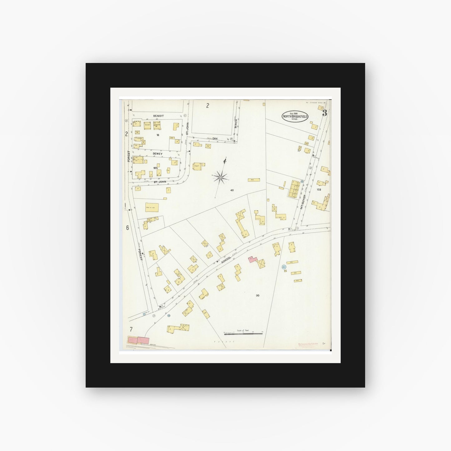 Old map wall art mockup — black gallery frame with white mat — Sanborn Fire Insurance Map from North Brookfield, Worcester County, Massachusetts (1906), Sheet #0003