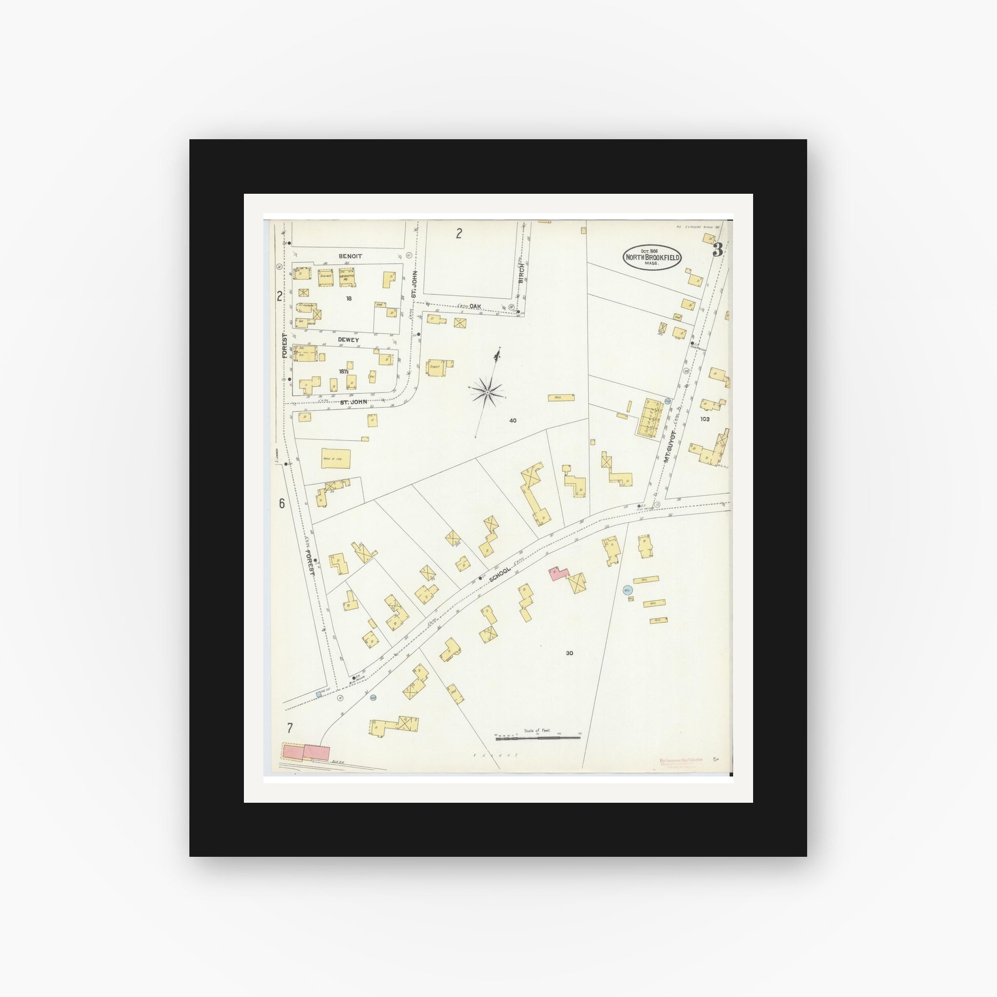 Old map wall art mockup — black gallery frame with white mat — Sanborn Fire Insurance Map from North Brookfield, Worcester County, Massachusetts (1906), Sheet #0003