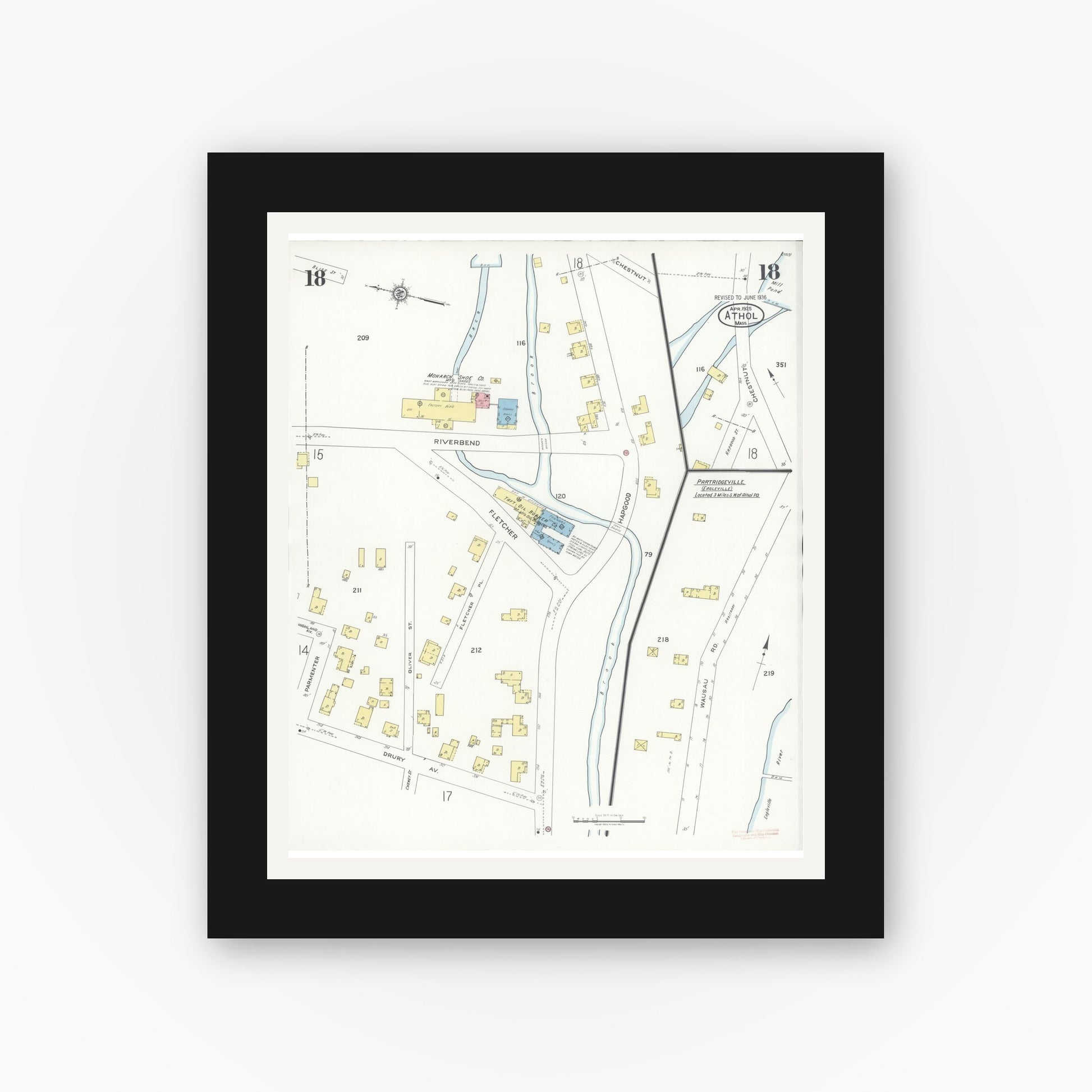 Old map wall art mockup — black gallery frame with white mat — Sanborn Fire Insurance Map from Athol, Worcester County, Massachusetts (1936), Sheet #0018