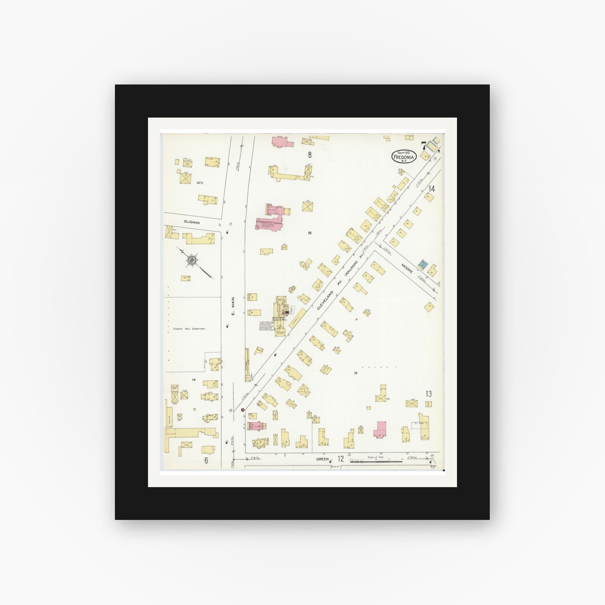 Old map wall art mockup — black gallery frame with white mat — Sanborn Fire Insurance Map from Fredonia, Chautauqua County, New York (1912), Sheet #0007