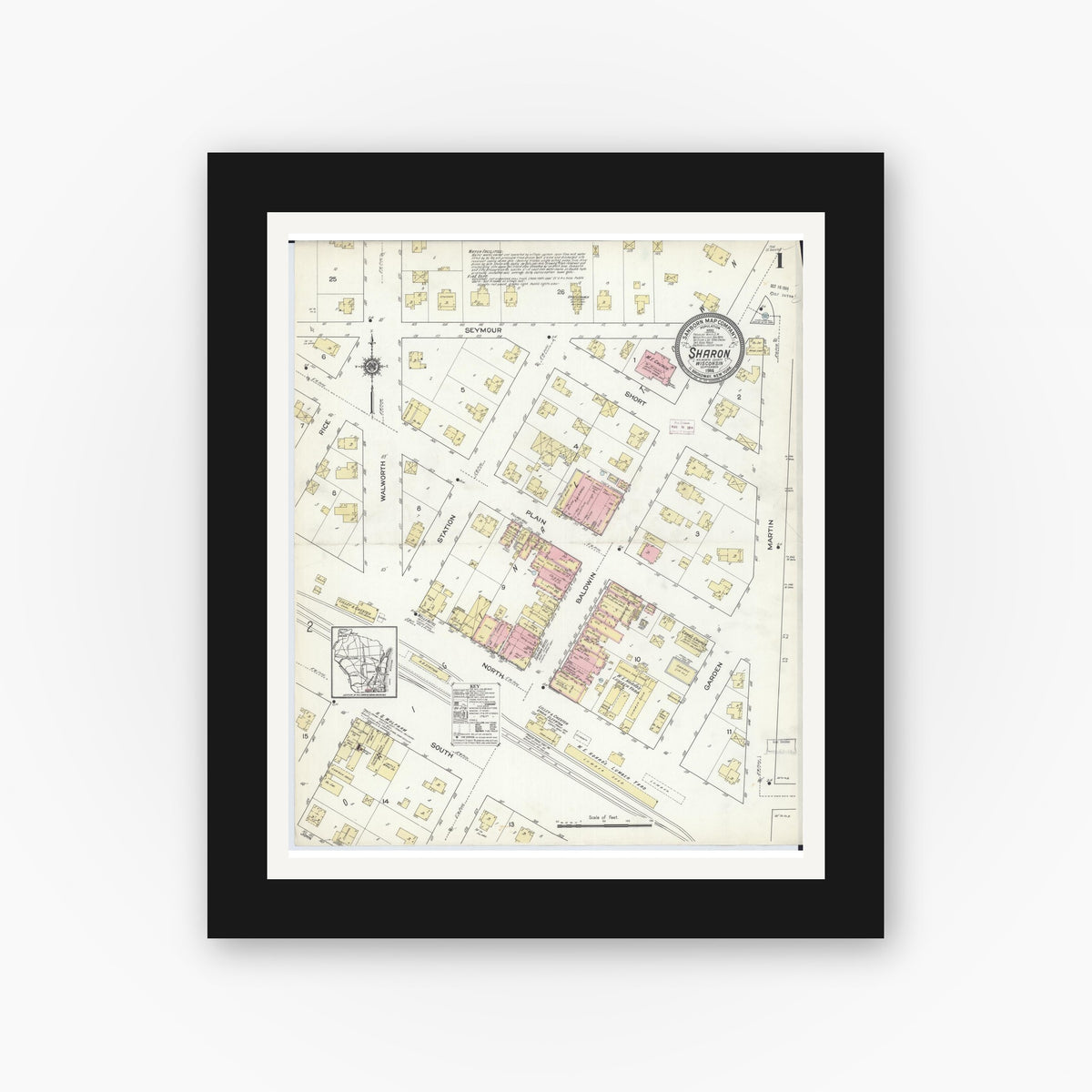 Old map wall art mockup — black gallery frame with white mat — Sanborn Fire Insurance Map from Sharon, Walworth County, Wisconsin (1914) - Complete Map Set