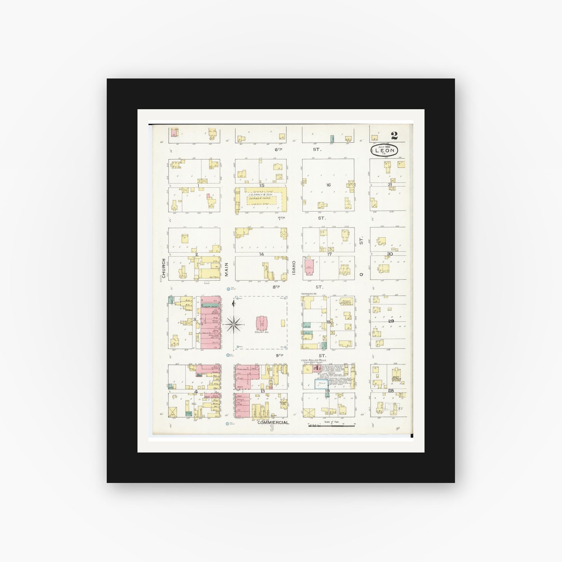 Old map wall art mockup — black gallery frame with white mat — Sanborn Fire Insurance Map from Leon, Decatur County, Iowa (1893), Sheet #0002