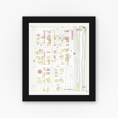 Old map wall art mockup — black gallery frame with white mat — Sanborn Fire Insurance Map from Muscatine, Muscatine County, Iowa (1899), Sheet #0013