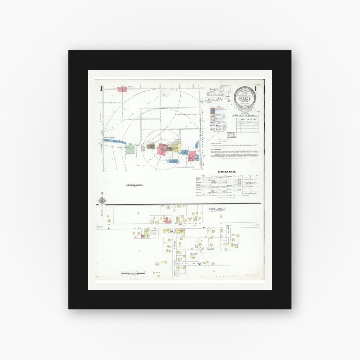 Old map wall art mockup — black gallery frame with white mat — Sanborn Fire Insurance Map from Greece, Monroe County, New York (1942), Sheet #0001
