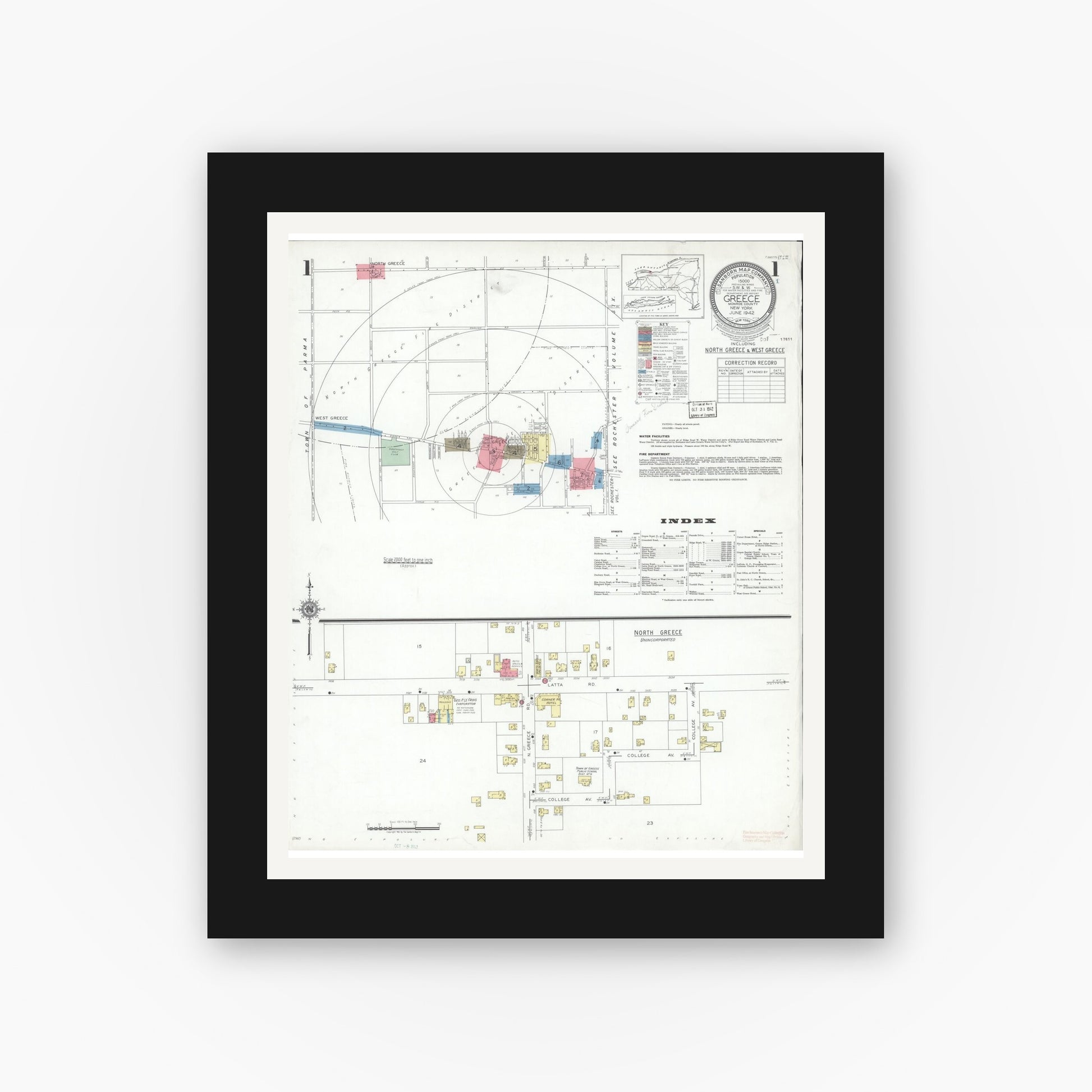 Old map wall art mockup — black gallery frame with white mat — Sanborn Fire Insurance Map from Greece, Monroe County, New York (1942), Sheet #0001