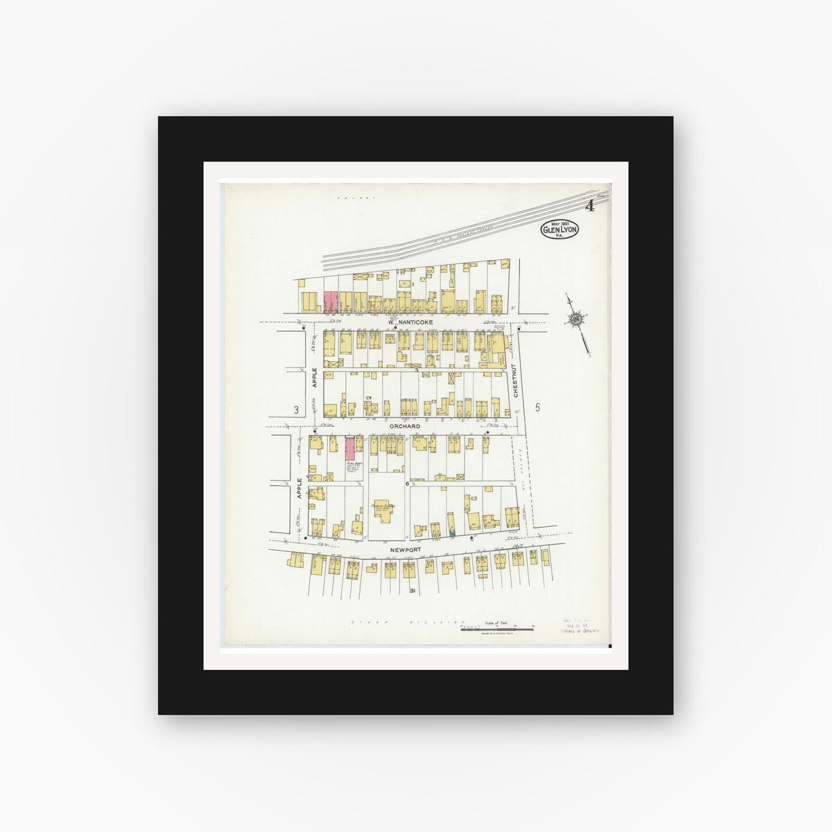 Old map wall art mockup — black gallery frame with white mat — Sanborn Fire Insurance Map from Glen Lyon, Luzerne County, Pennsylvania (1921), Sheet #0004