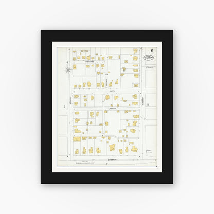 Old map wall art mockup — black gallery frame with white mat — Sanborn Fire Insurance Map from Hillsboro, Hill County, Texas (1900), Sheet #0006