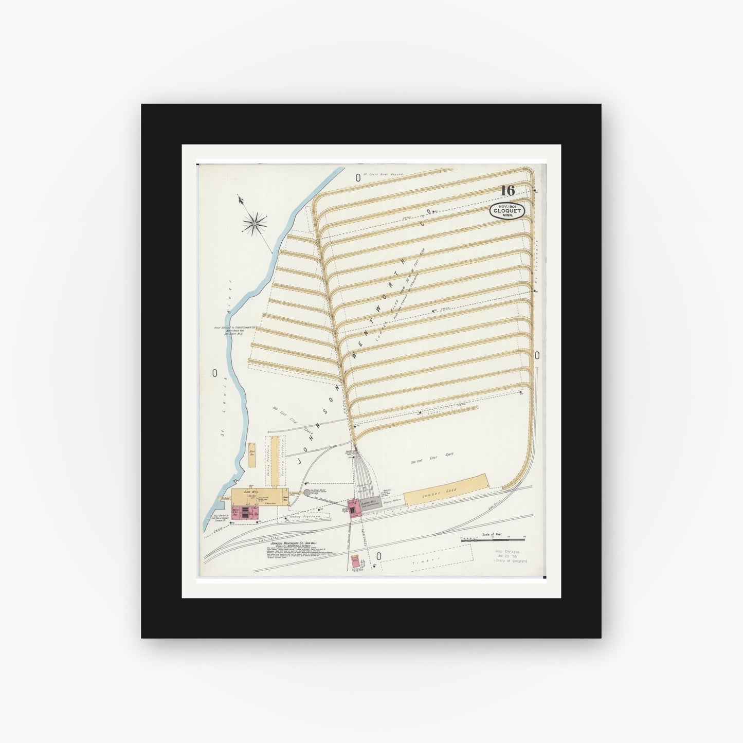 Old map wall art mockup — black gallery frame with white mat — Sanborn Fire Insurance Map from Cloquet, Carlton County, Minnesota (1901), Sheet #0016