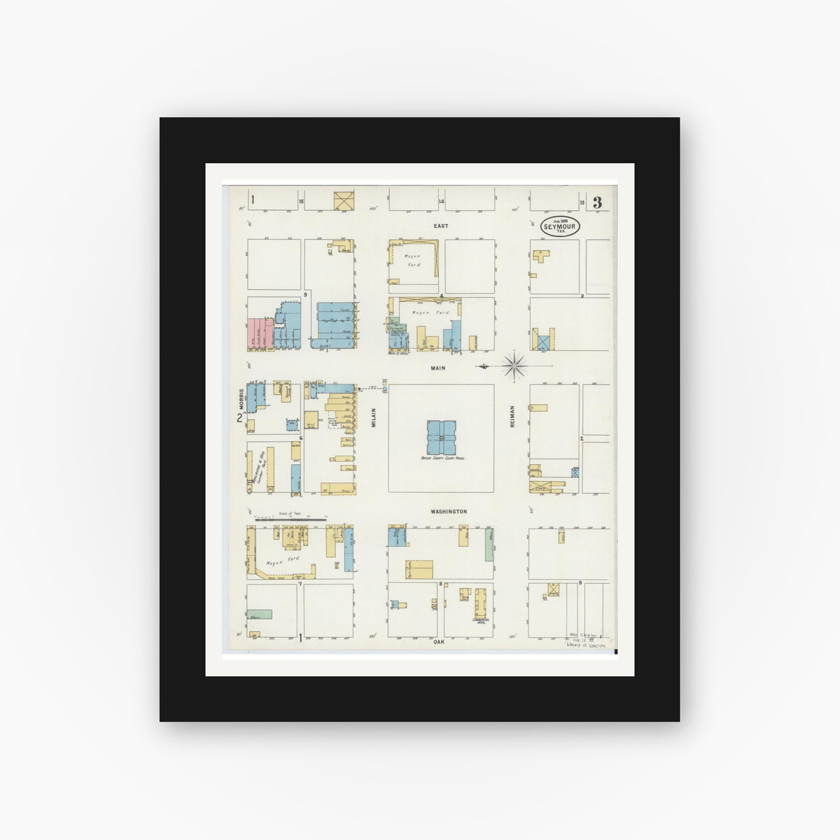 Old map wall art mockup — black gallery frame with white mat — Sanborn Fire Insurance Map from Seymour, Baylor County, Texas (1898), Sheet #0003