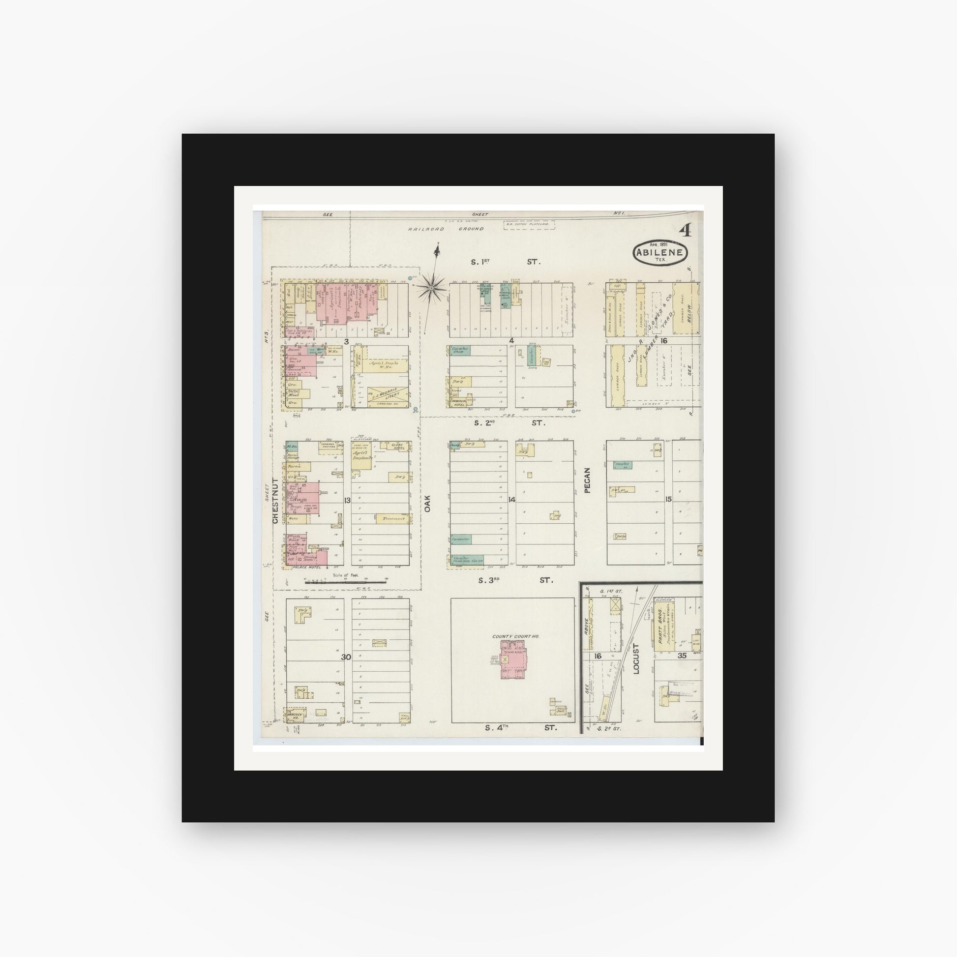 Old map wall art mockup — black gallery frame with white mat — Sanborn Fire Insurance Map from Abilene, Taylor County, Texas (1891), Sheet #0004