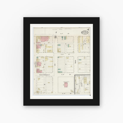 Old map wall art mockup — black gallery frame with white mat — Sanborn Fire Insurance Map from Abilene, Taylor County, Texas (1891), Sheet #0004