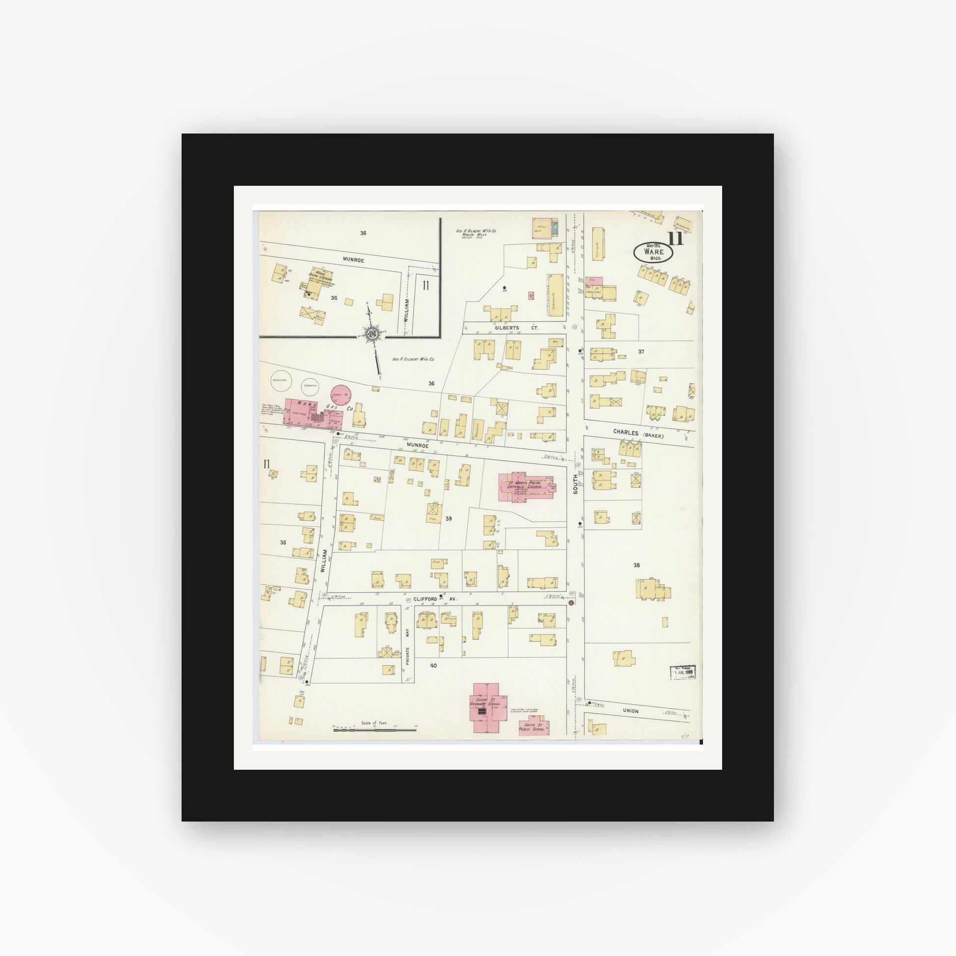 Old map wall art mockup — black gallery frame with white mat — Sanborn Fire Insurance Map from Ware, Hampshire County, Massachusetts (1912), Sheet #0011