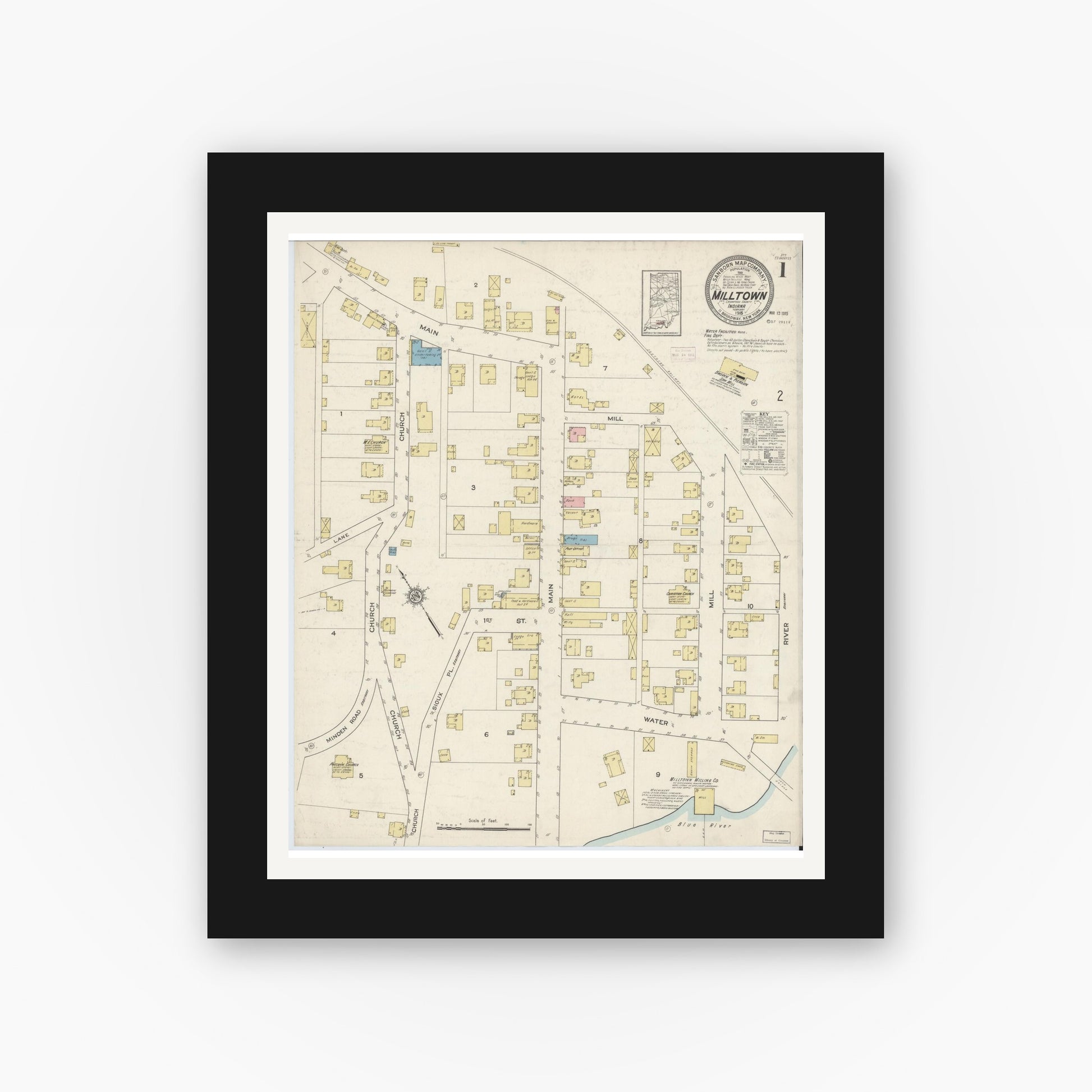 Old map wall art mockup — black gallery frame with white mat — Sanborn Fire Insurance Map from Milltown, Crawford And Harrison Counties, Indiana (1915), Sheet #0001