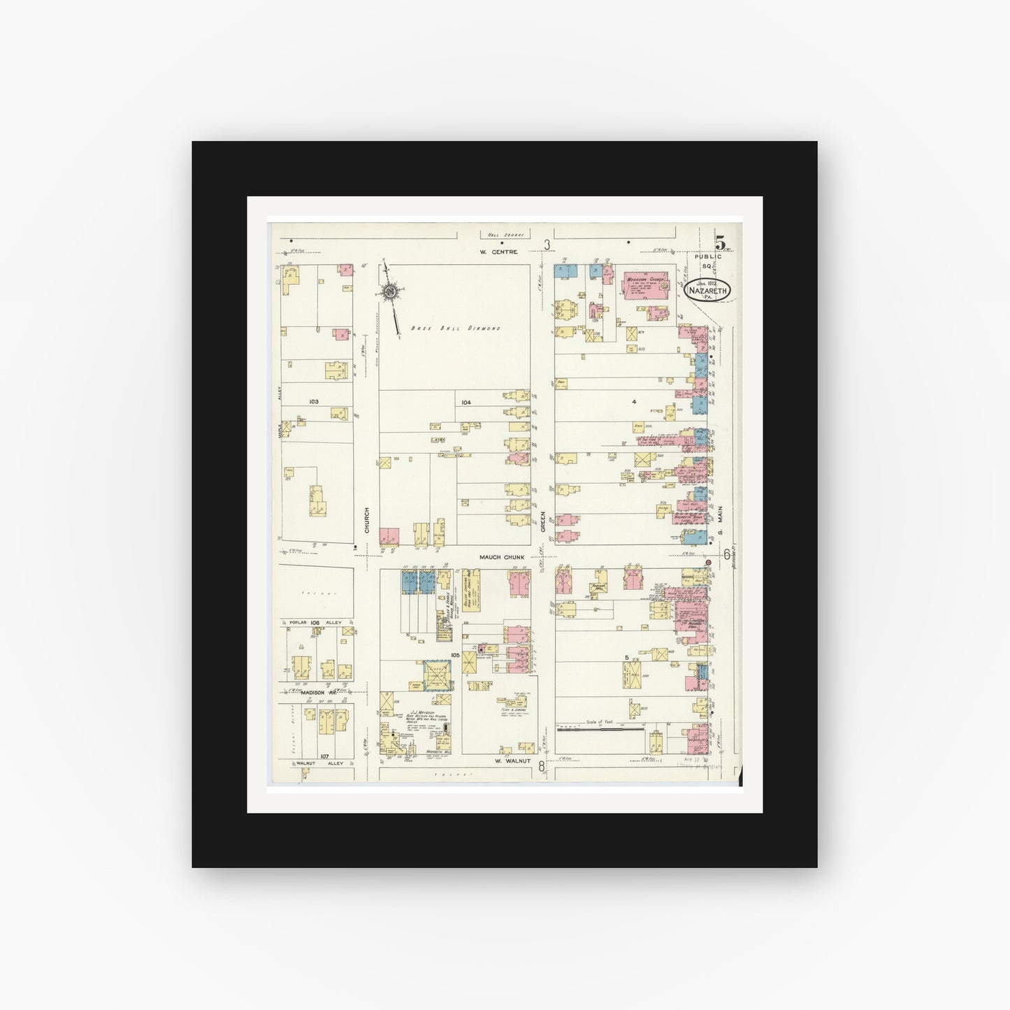 Old map wall art mockup — black gallery frame with white mat — Sanborn Fire Insurance Map from Nazareth, Northampton County, Pennsylvania (1912), Sheet #0005