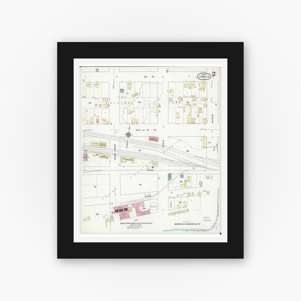 Old map wall art mockup — black gallery frame with white mat — Sanborn Fire Insurance Map from La Salle, La Salle County, Illinois (1911), Sheet #0002