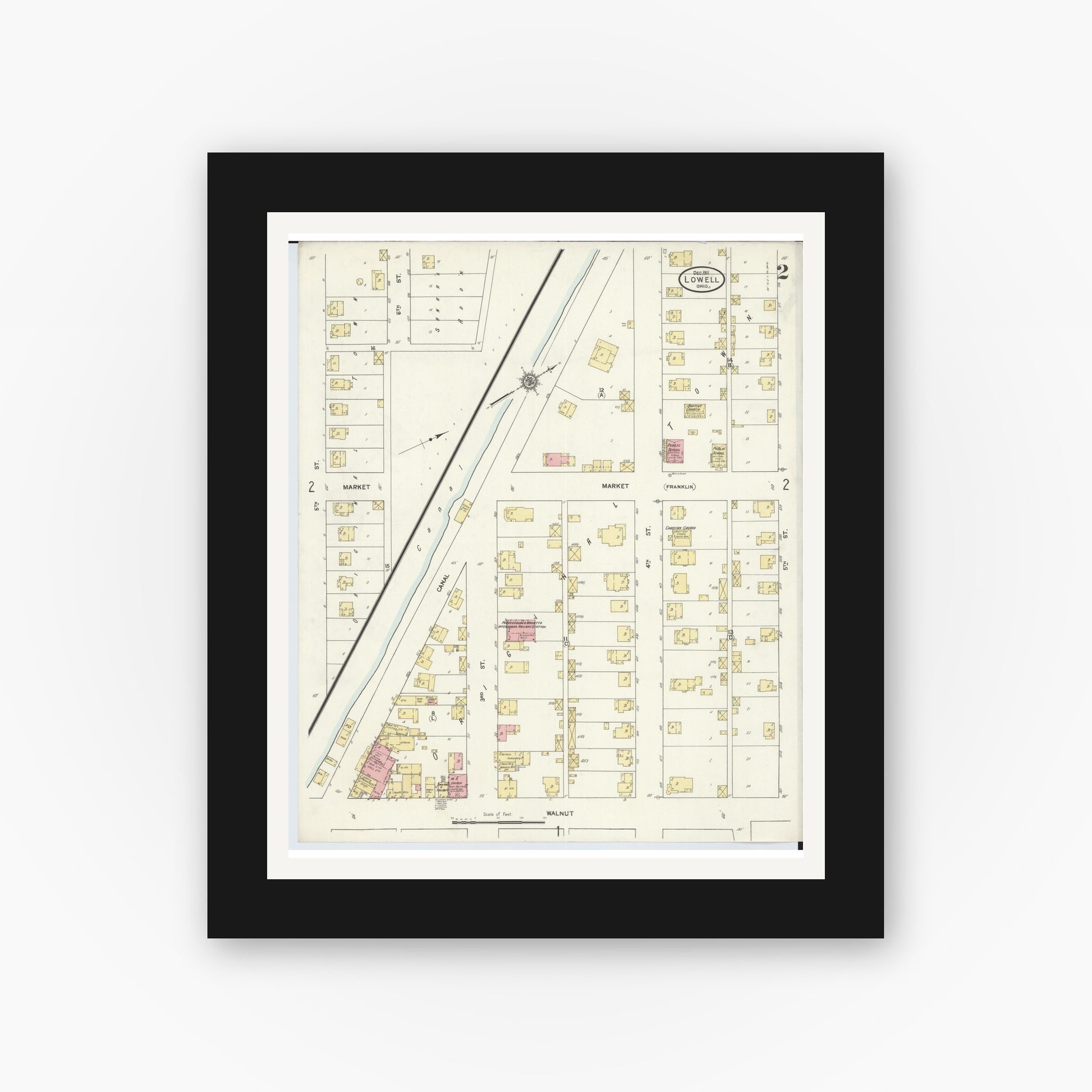 Old map wall art mockup — black gallery frame with white mat — Sanborn Fire Insurance Map from Lowell, Washington County, Ohio (1911), Sheet #0002