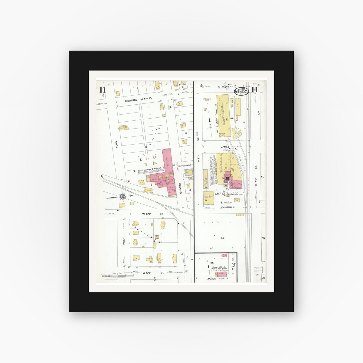 Old map wall art mockup — black gallery frame with white mat — Sanborn Fire Insurance Map from Geneva, Kane County, Illinois (1923), Sheet #0011