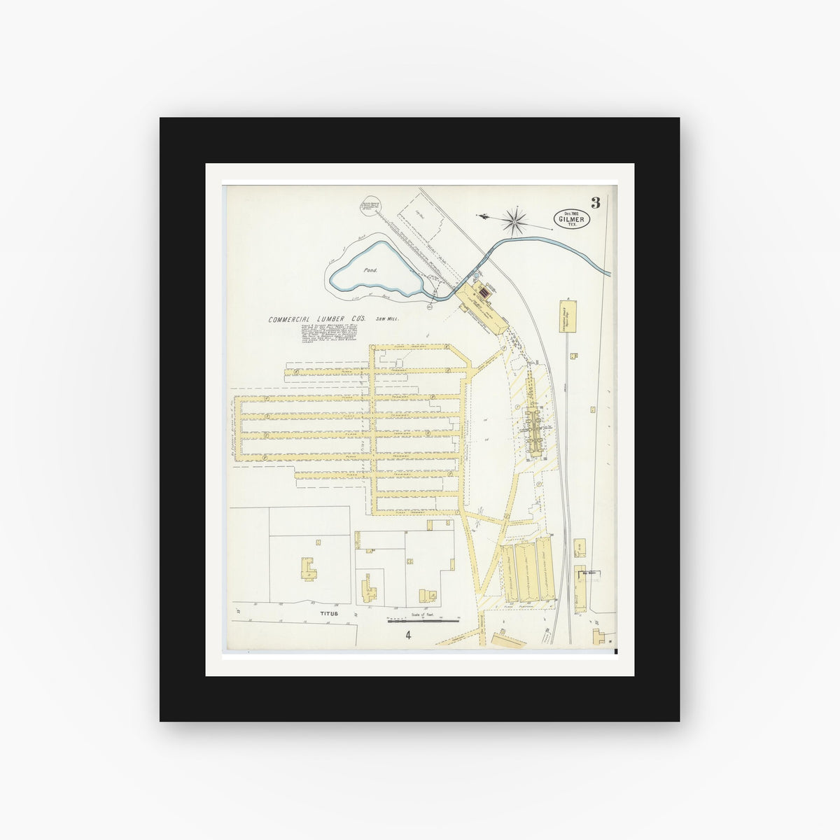 Old map wall art mockup — black gallery frame with white mat — Sanborn Fire Insurance Map from Gilmer, Upshur County, Texas (1902), Sheet #0003