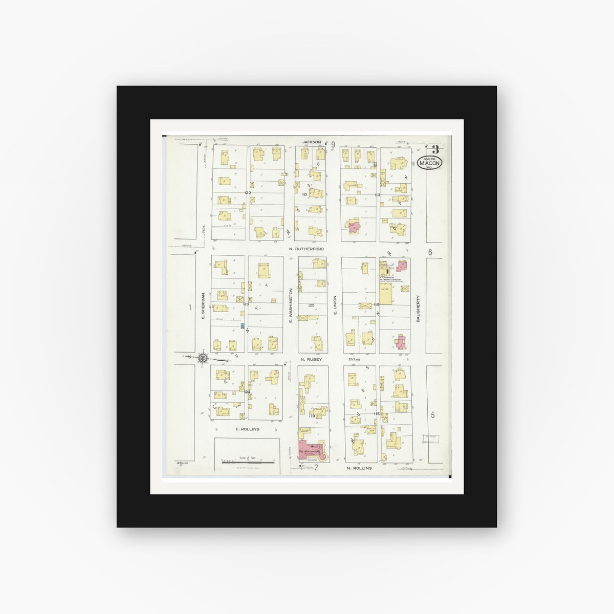 Old map wall art mockup — black gallery frame with white mat — Sanborn Fire Insurance Map from Macon, Macon County, Missouri (1916), Sheet #0003