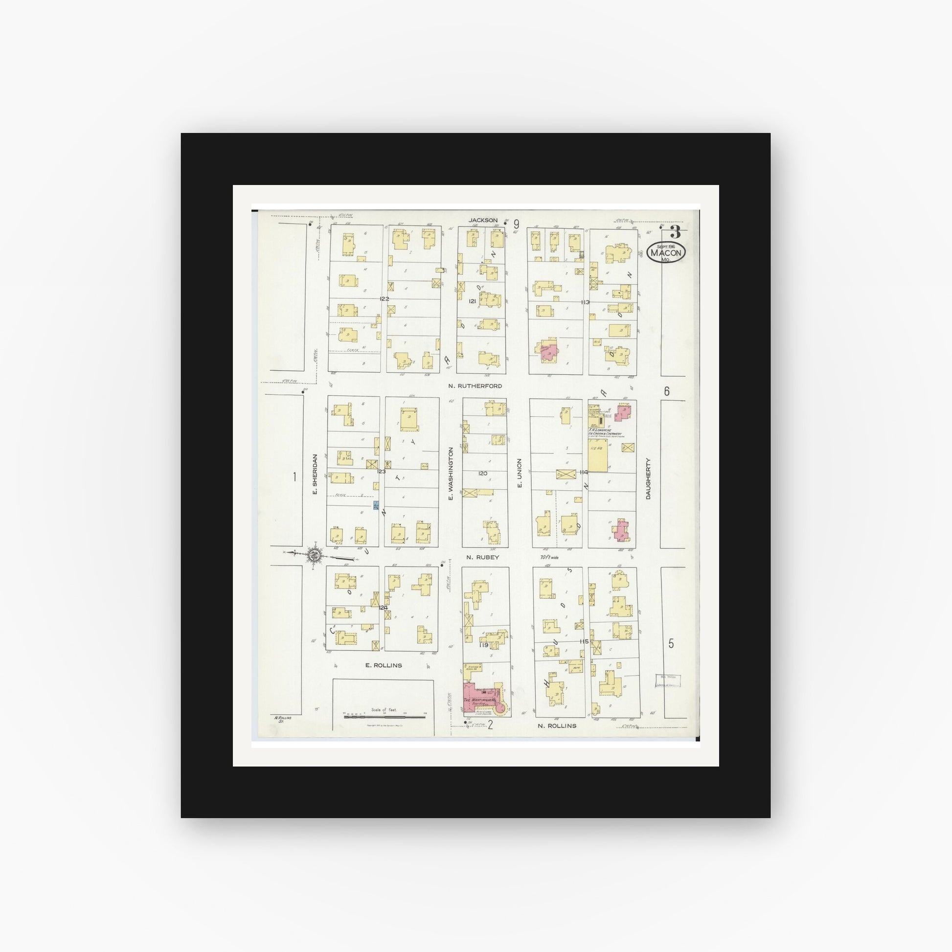 Old map wall art mockup — black gallery frame with white mat — Sanborn Fire Insurance Map from Macon, Macon County, Missouri (1916), Sheet #0003