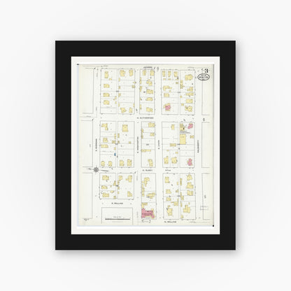Old map wall art mockup — black gallery frame with white mat — Sanborn Fire Insurance Map from Macon, Macon County, Missouri (1916), Sheet #0003