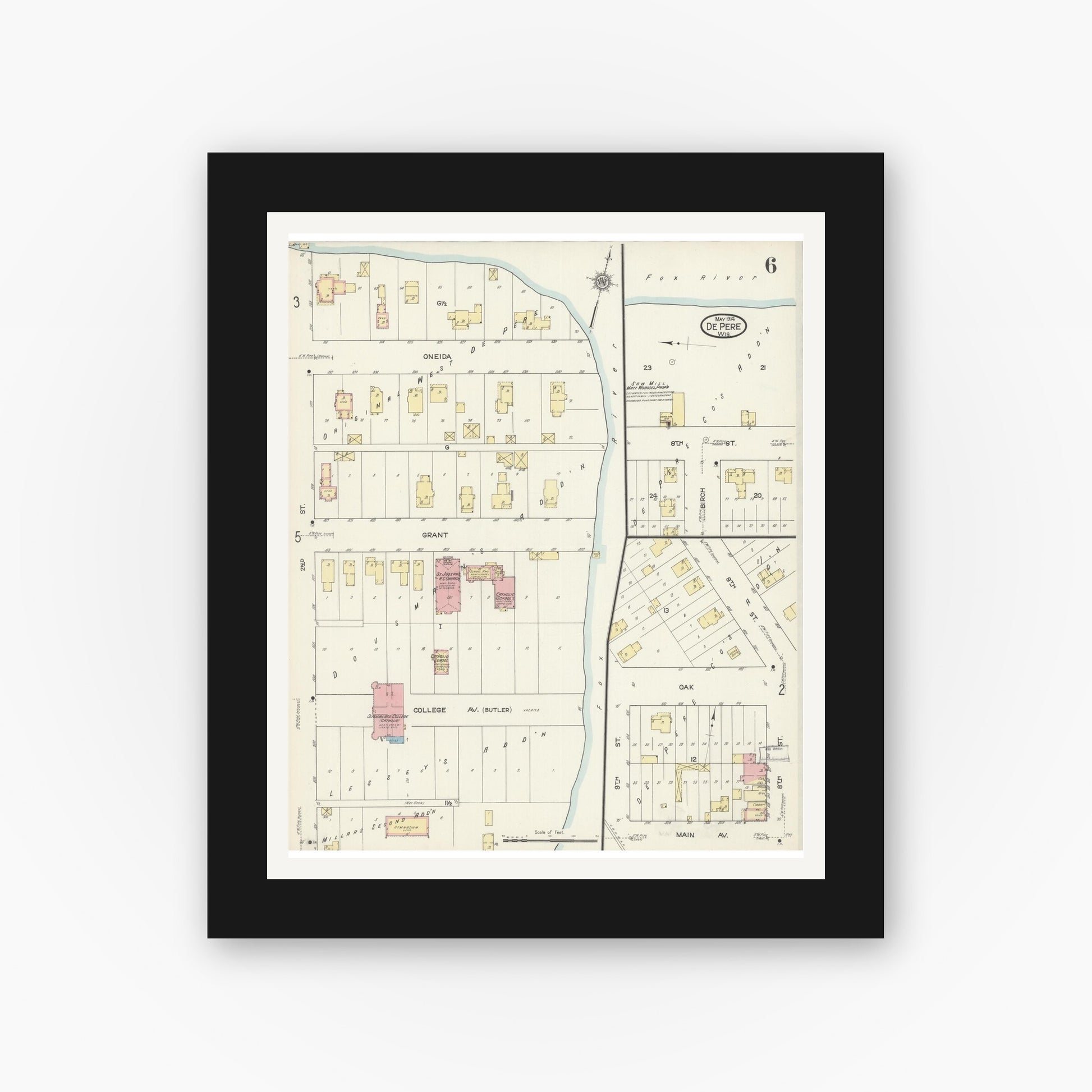 Old map wall art mockup — black gallery frame with white mat — Sanborn Fire Insurance Map from De Pere, Brown County, Wisconsin (1914), Sheet #0006