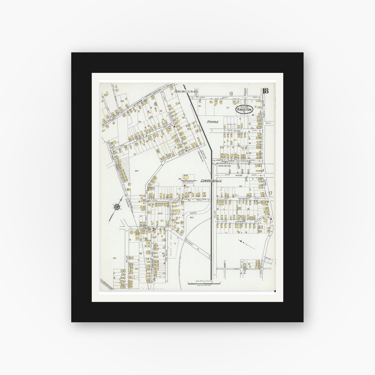 Old map wall art mockup — black gallery frame with white mat — Sanborn Fire Insurance Map from Kingston, Luzerne County, Pennsylvania (1919), Sheet #0018