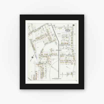 Old map wall art mockup — black gallery frame with white mat — Sanborn Fire Insurance Map from Kingston, Luzerne County, Pennsylvania (1919), Sheet #0018