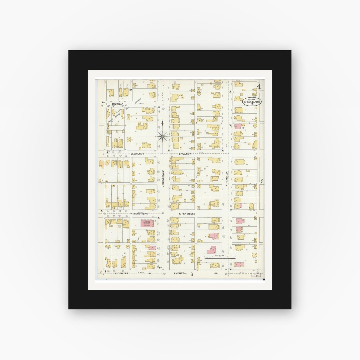 Old map wall art mockup — black gallery frame with white mat — Sanborn Fire Insurance Map from Greensburg, Decatur County, Indiana (1906), Sheet #0004