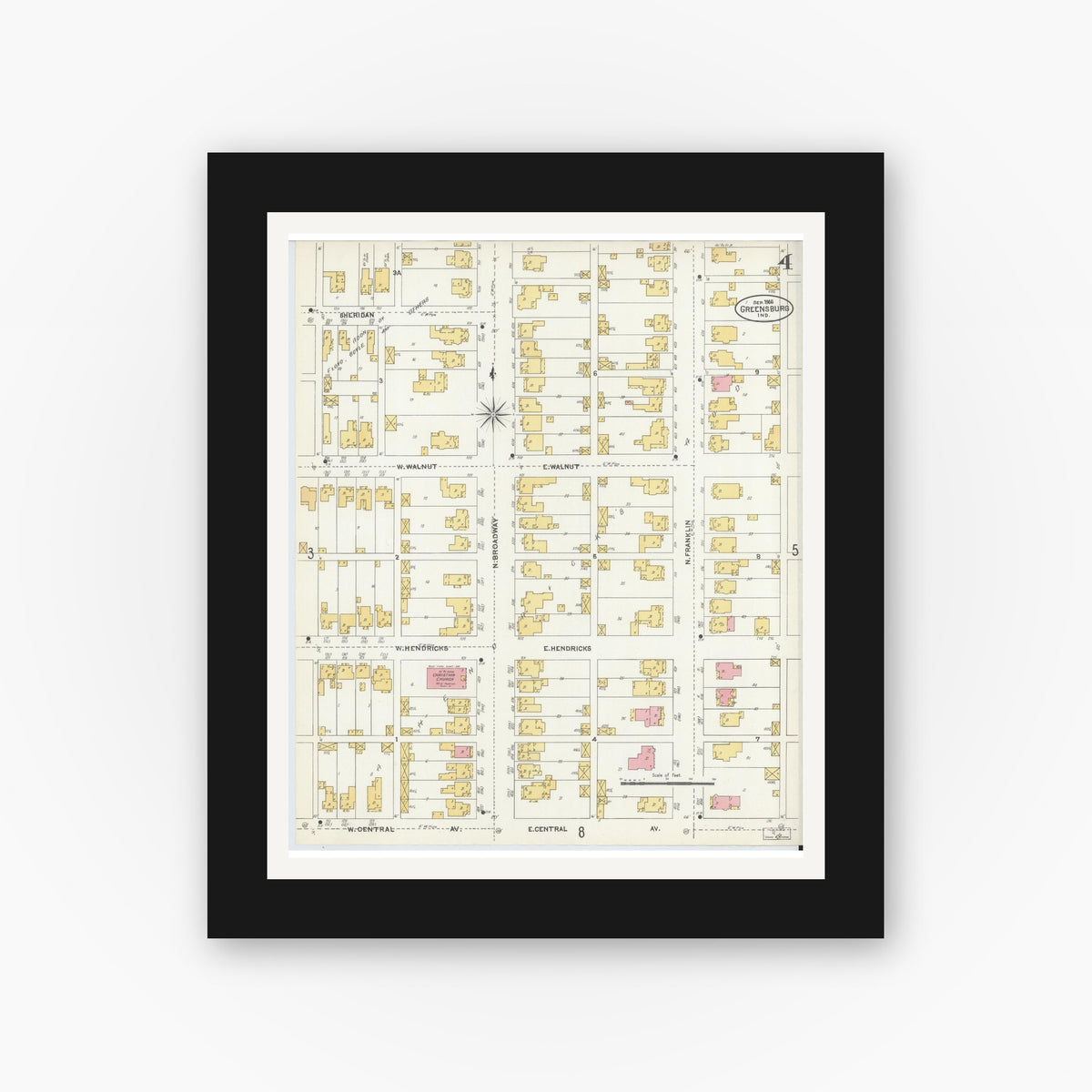 Old map wall art mockup — black gallery frame with white mat — Sanborn Fire Insurance Map from Greensburg, Decatur County, Indiana (1906), Sheet #0004