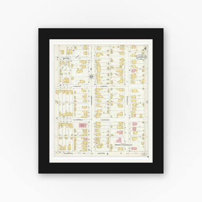 Old map wall art mockup — black gallery frame with white mat — Sanborn Fire Insurance Map from Greensburg, Decatur County, Indiana (1906), Sheet #0004