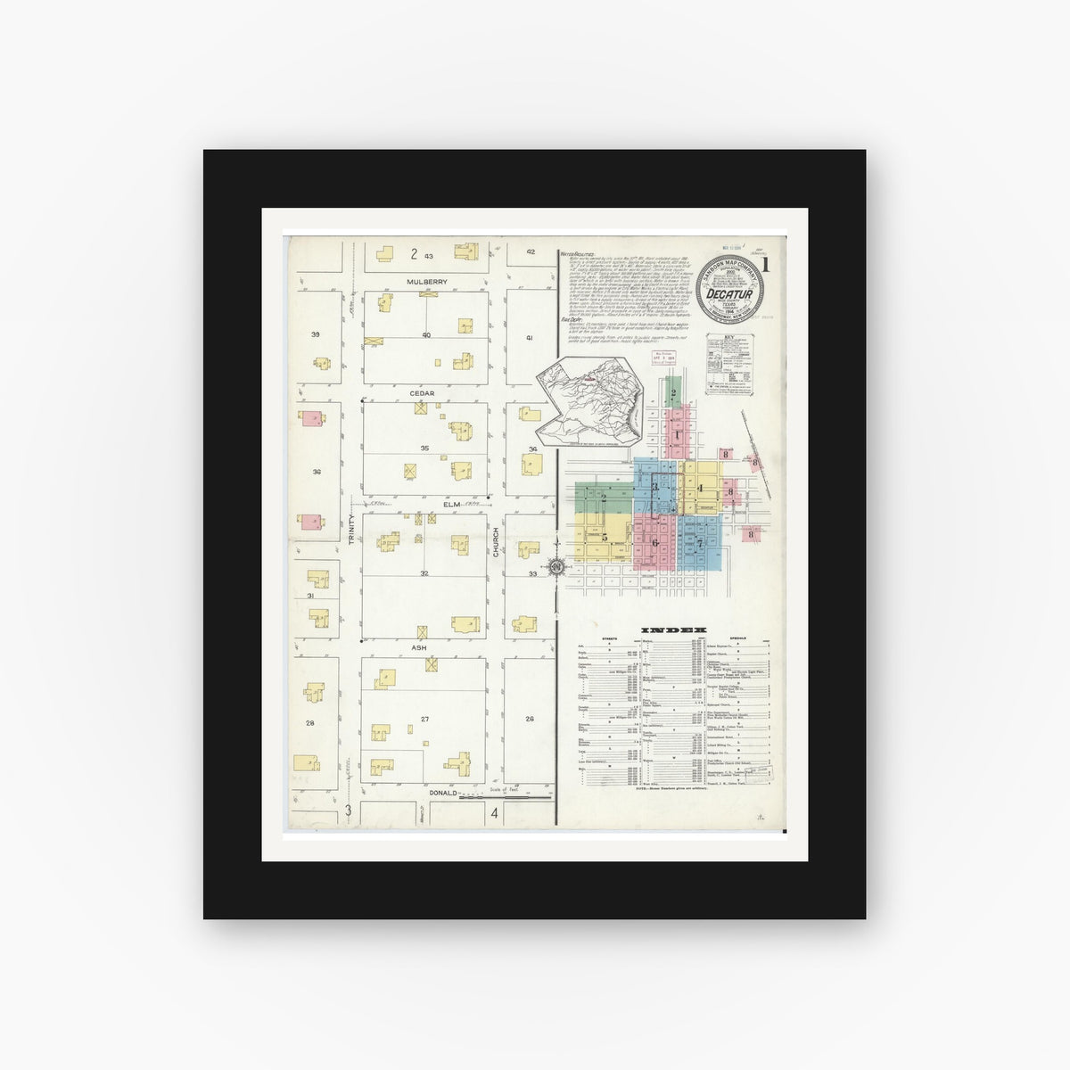 Old map wall art mockup — black gallery frame with white mat — Sanborn Fire Insurance Map from Decatur, Wise County, Texas (1914), Sheet #0001