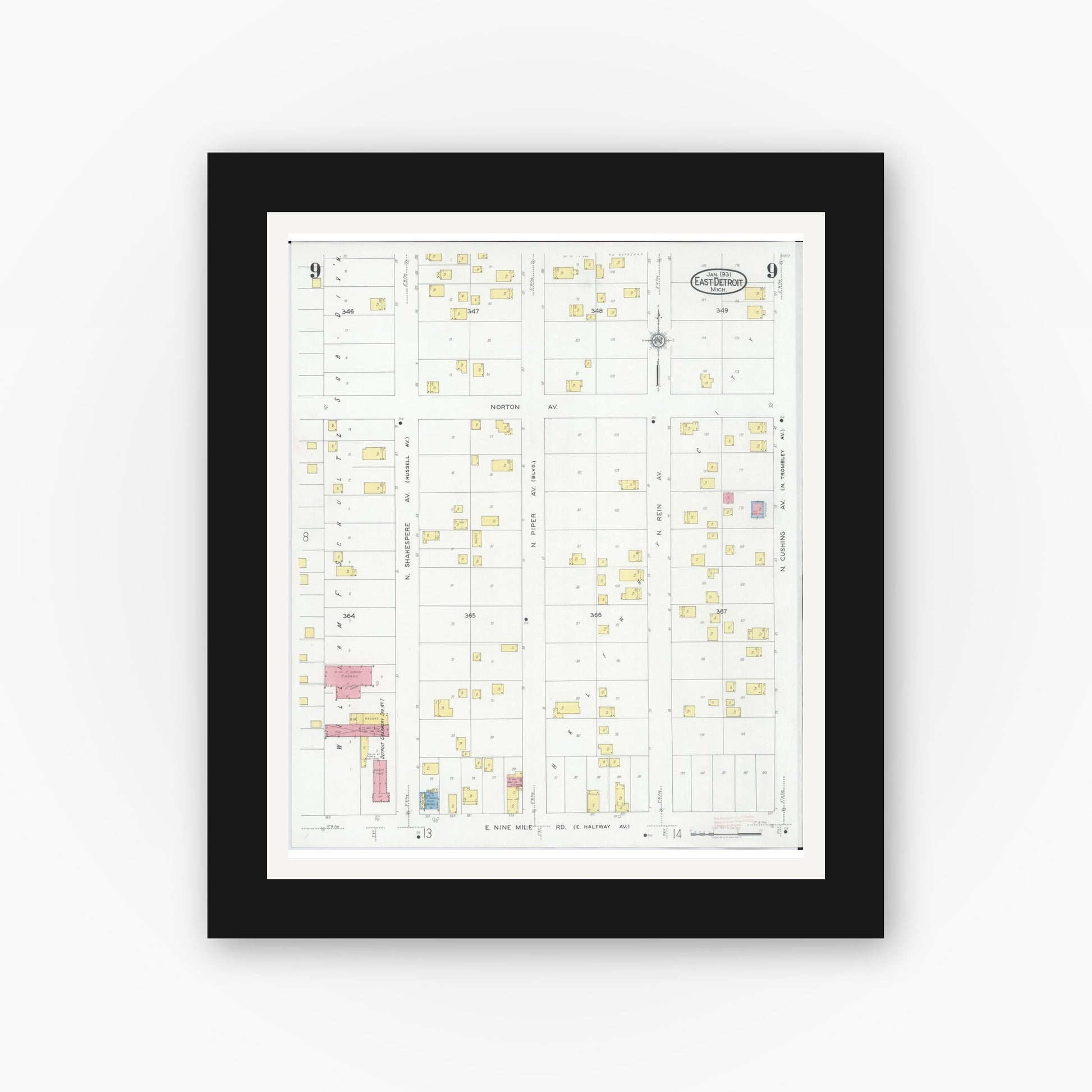 Old map wall art mockup — black gallery frame with white mat — Sanborn Fire Insurance Map from East Detroit, Macomb County, Michigan (1931), Sheet #0009