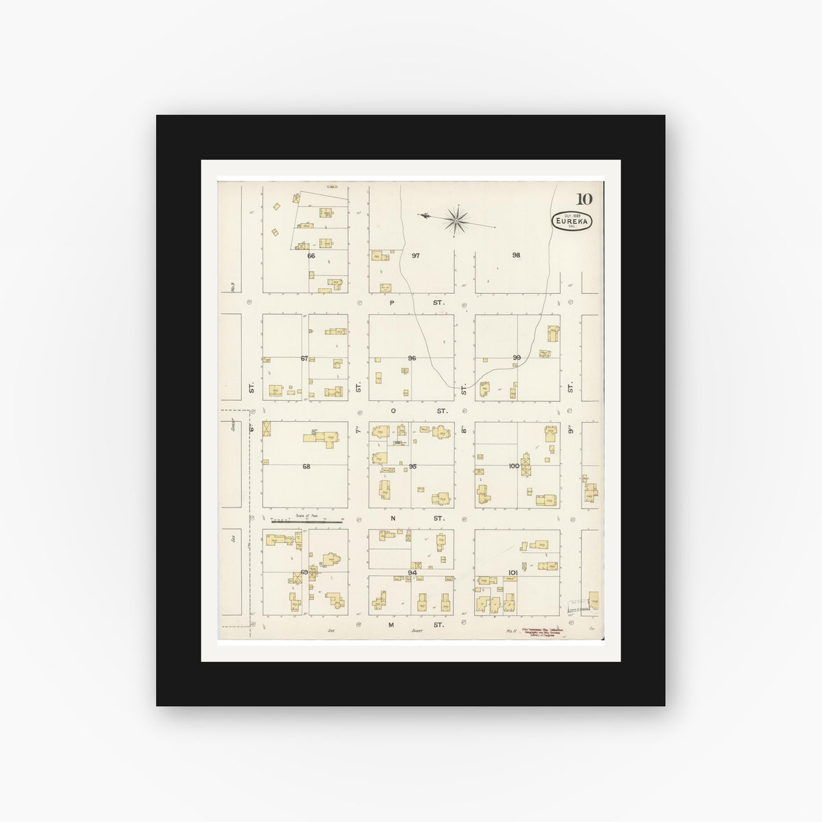 Old map wall art mockup — black gallery frame with white mat — Sanborn Fire Insurance Map from Eureka, Humboldt County, California (1889), Sheet #0010