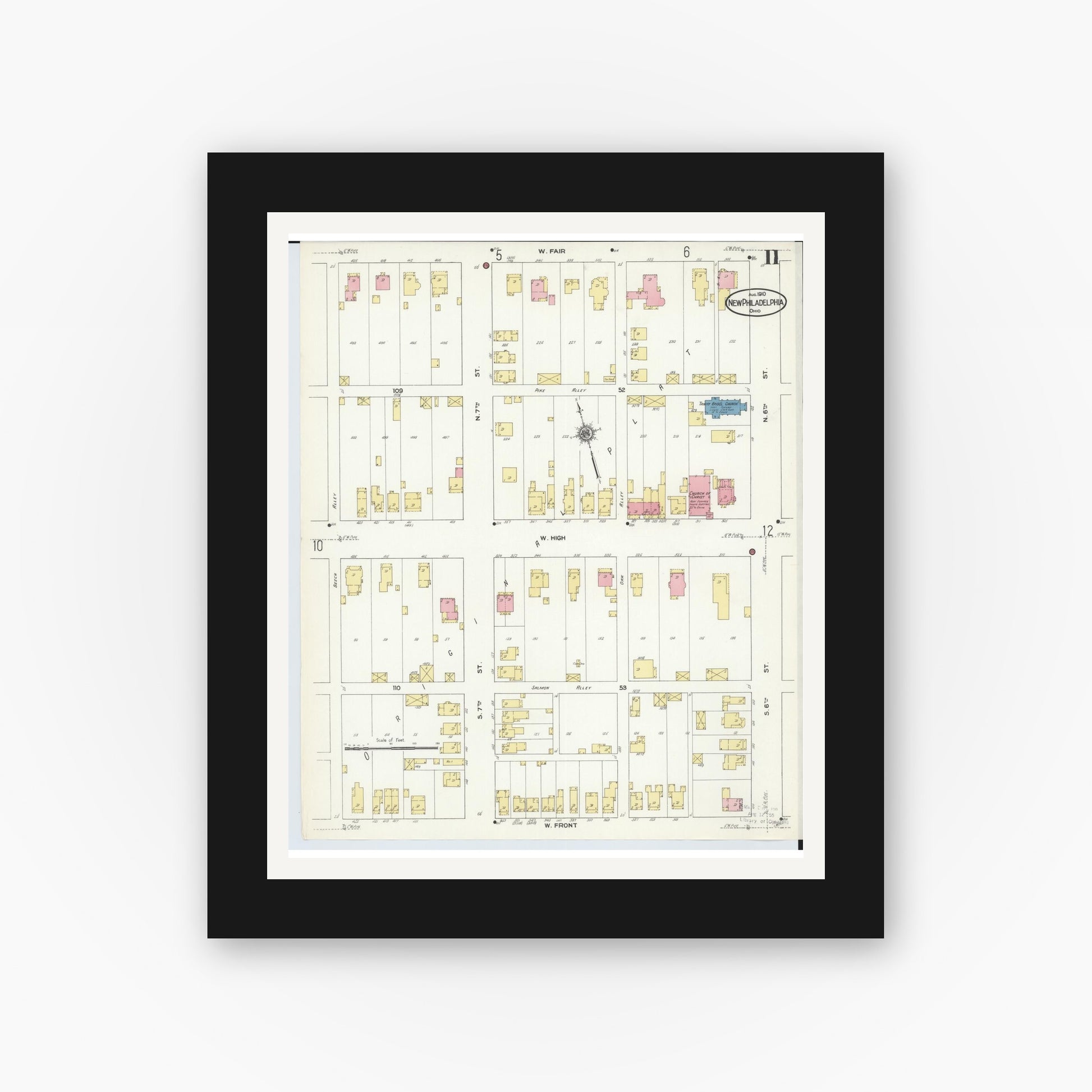 Old map wall art mockup — black gallery frame with white mat — Sanborn Fire Insurance Map from New Philadelphia, Tuscarawas County, Ohio (1910), Sheet #0011