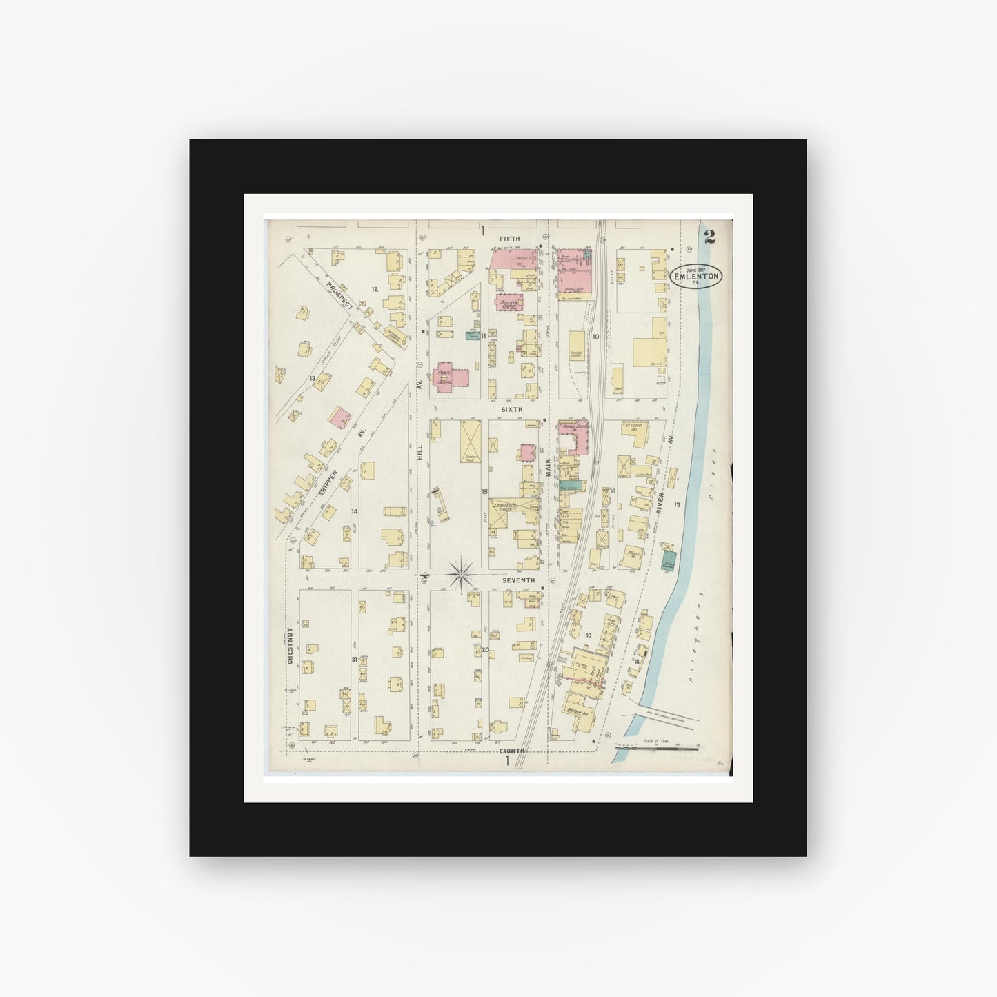 Old map wall art mockup — black gallery frame with white mat — Sanborn Fire Insurance Map from Emlenton, Venango County, Pennsylvania (1897), Sheet #0002