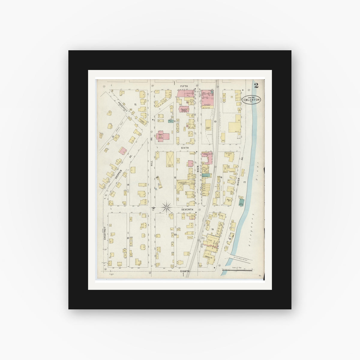 Old map wall art mockup — black gallery frame with white mat — Sanborn Fire Insurance Map from Emlenton, Venango County, Pennsylvania (1897), Sheet #0002