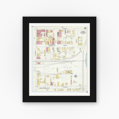 Old map wall art mockup — black gallery frame with white mat — Sanborn Fire Insurance Map from Kenton, Hardin County, Ohio (1902), Sheet #0009
