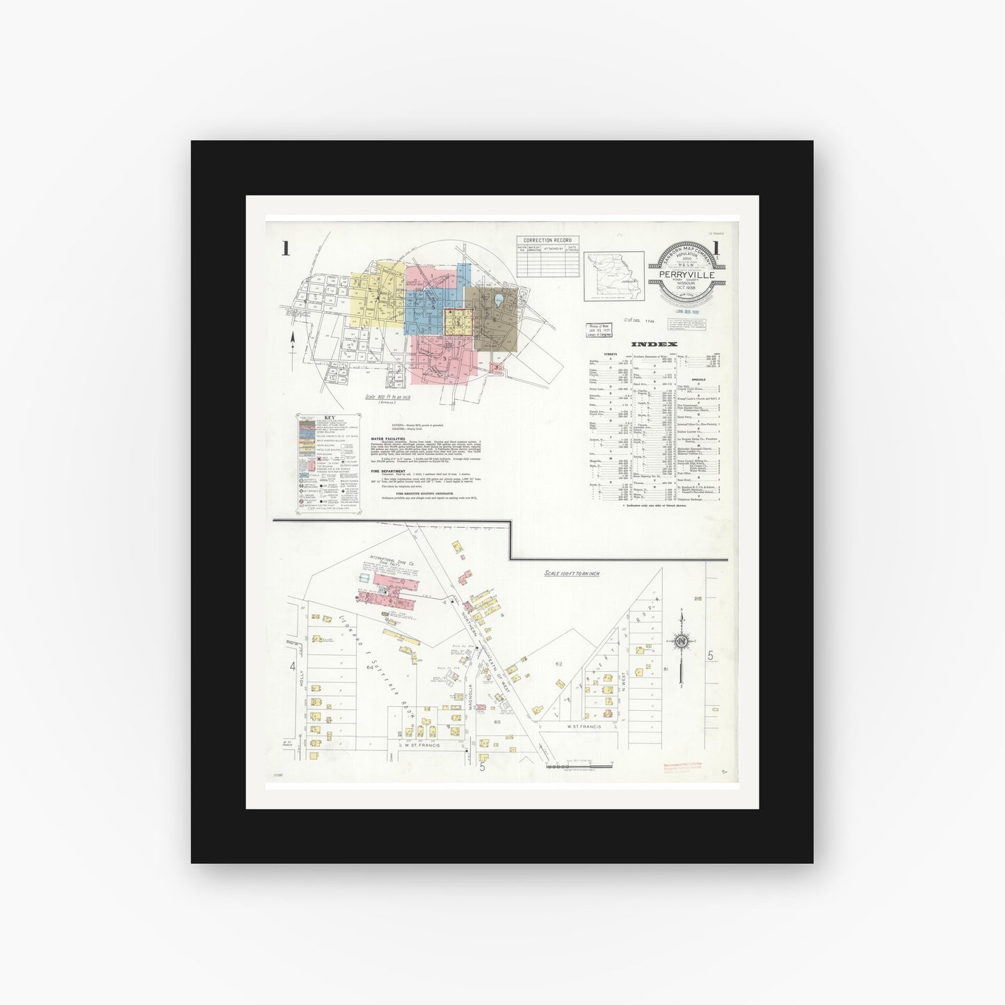 Old map wall art mockup — black gallery frame with white mat — Sanborn Fire Insurance Map from Perryville, Perry County, Missouri (1938), Sheet #0001