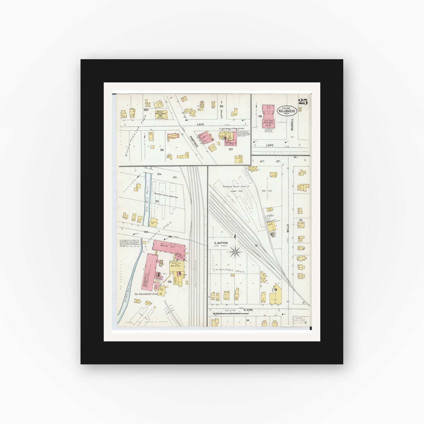 Old map wall art mockup — black gallery frame with white mat — Sanborn Fire Insurance Map from Kalamazoo, Kalamazoo County, Michigan (1902), Sheet #0025
