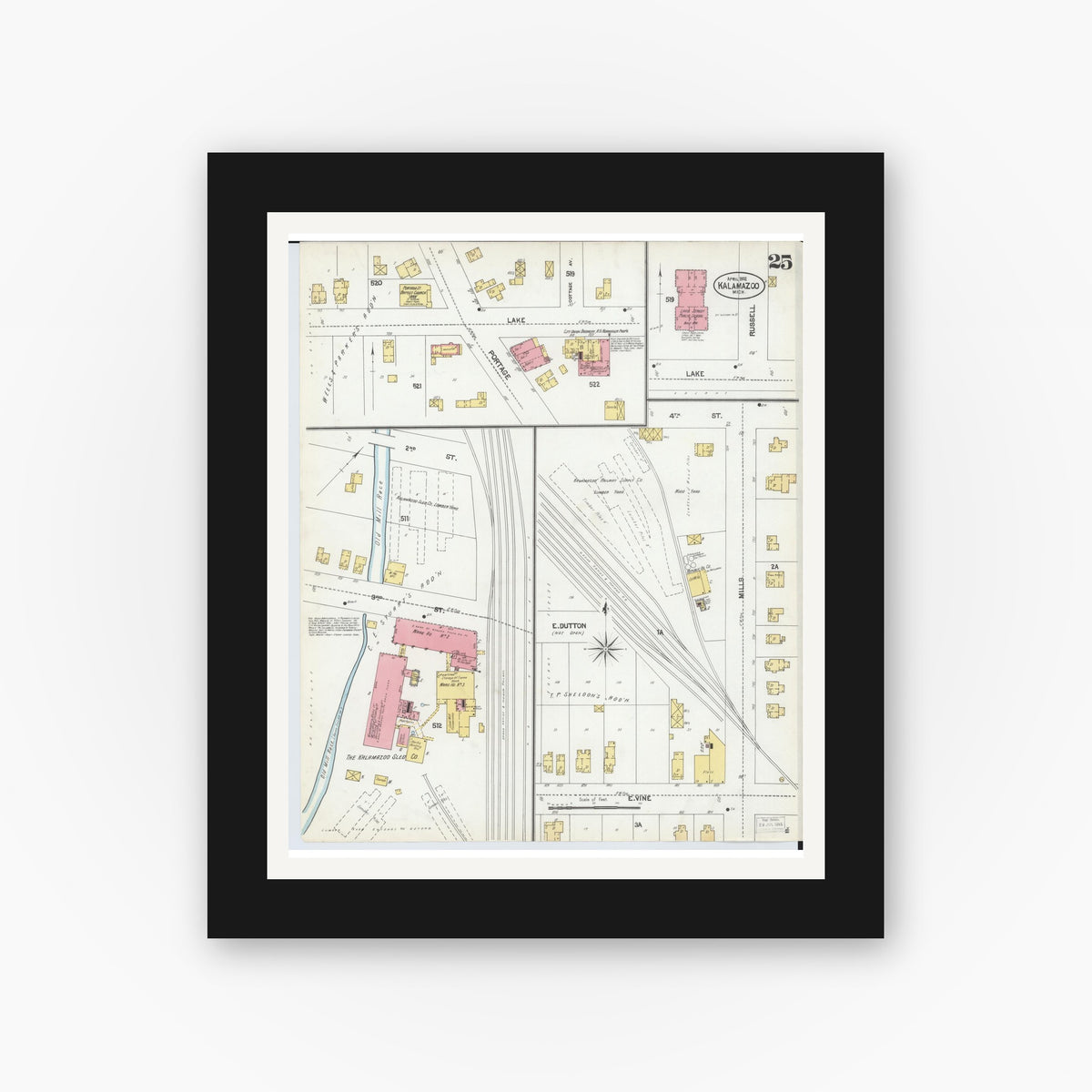 Old map wall art mockup — black gallery frame with white mat — Sanborn Fire Insurance Map from Kalamazoo, Kalamazoo County, Michigan (1902), Sheet #0025
