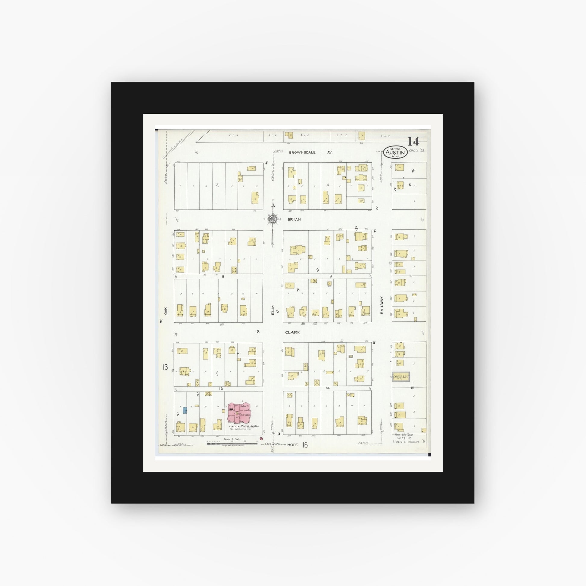 Old map wall art mockup — black gallery frame with white mat — Sanborn Fire Insurance Map from Austin, Mower County, Minnesota (1917), Sheet #0014