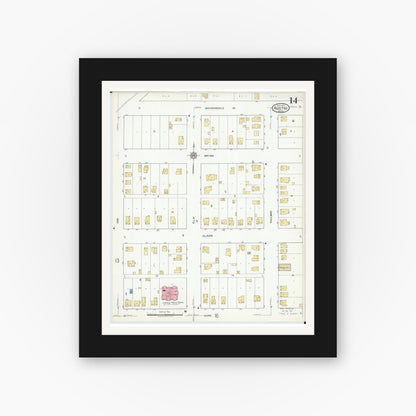 Old map wall art mockup — black gallery frame with white mat — Sanborn Fire Insurance Map from Austin, Mower County, Minnesota (1917), Sheet #0014
