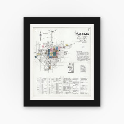 Old map wall art mockup — black gallery frame with white mat — Sanborn Fire Insurance Map from Macomb, Mcdonough County, Illinois (1924) - Complete Map Set