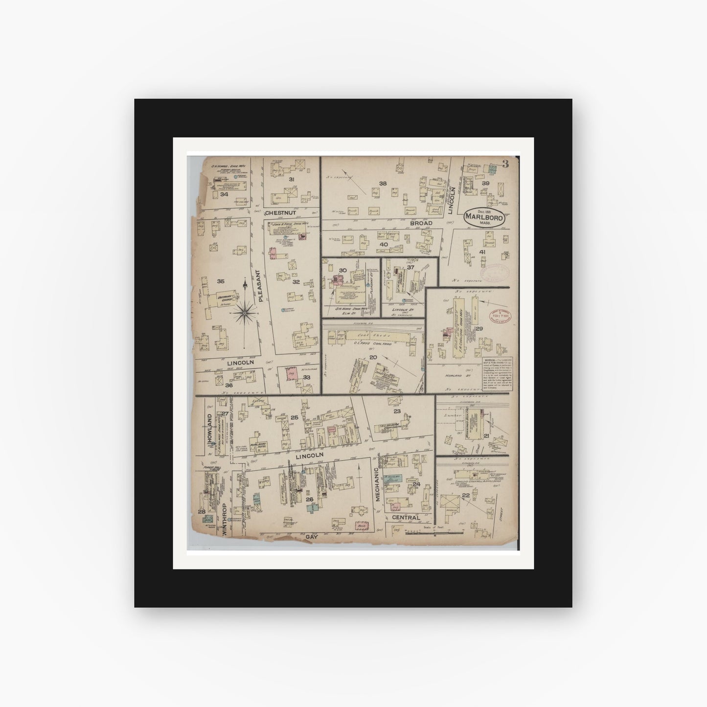 Old map wall art mockup — black gallery frame with white mat — Sanborn Fire Insurance Map from Marlborough, Middlesex  County, Massachusetts (1881), Sheet #0003
