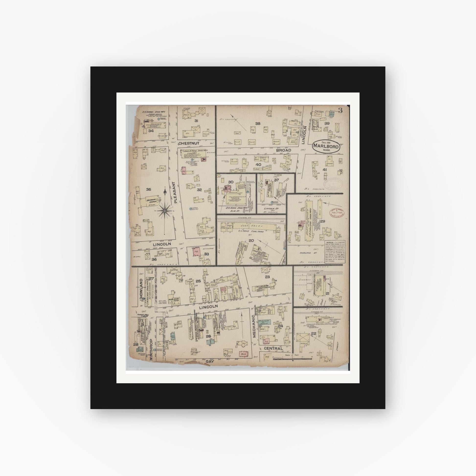 Old map wall art mockup — black gallery frame with white mat — Sanborn Fire Insurance Map from Marlborough, Middlesex  County, Massachusetts (1881), Sheet #0003