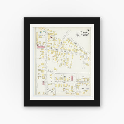 Old map wall art mockup — black gallery frame with white mat — Sanborn Fire Insurance Map from North Adams, Berkshire County, Massachusetts (1892), Sheet #0012